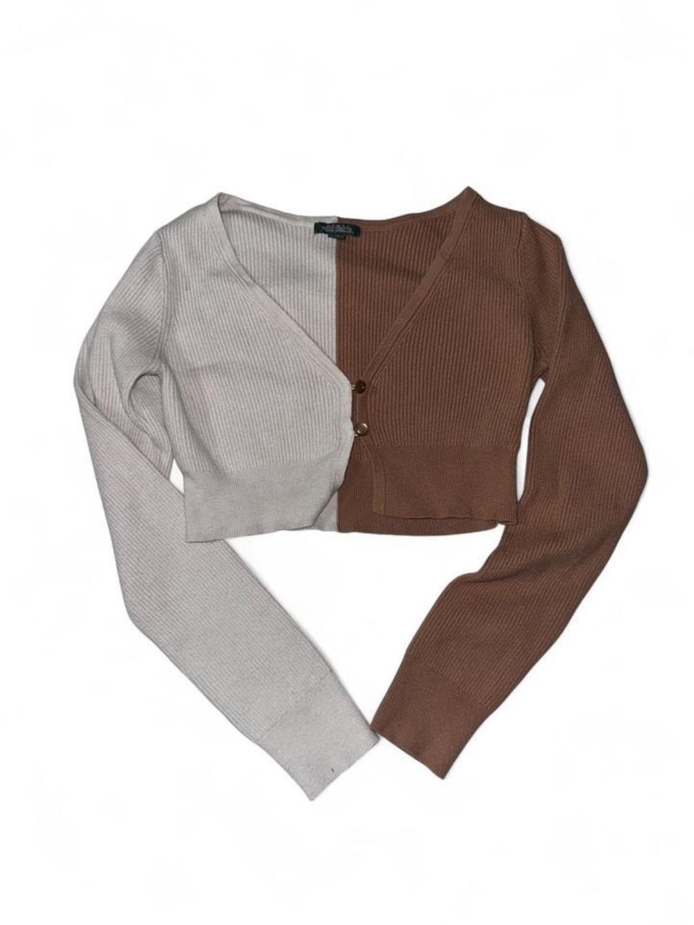 Two-Tone Beige & Brown V-Neck Cropped Sweater Cardigan